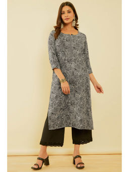 Soch - Women's Grey Ethnic Motifs Print Rayon Slub Kurta