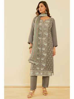 Soch - Women's Grey Embroidered Organza Dress Material (Set of 3)