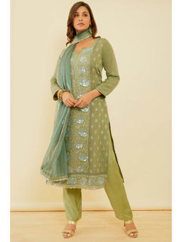 Soch - Women's Green Organza Embroidered Dress Material (Set of 3)