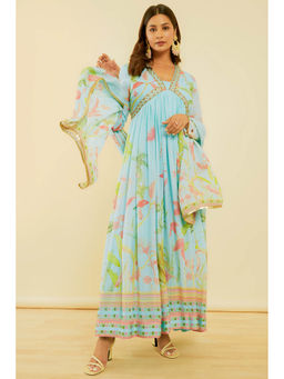 Soch - Women's Powder Blue Floral Print Synthetic Alia-Cut Gown with Dupatta (Set of 2)