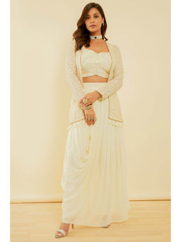 Soch - Women's White Embroidered Georgette Fusion Co-Ord (Set of 3)