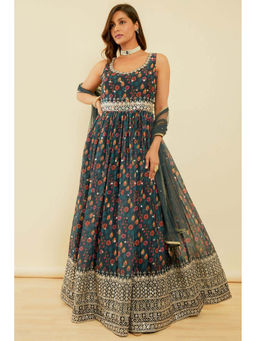 Soch - Women's Grey Ethnic Print Georgette Anarkali Gown with Churidar & Dupatta (Set of 3)