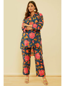 Soch - Women's Navy Blue Viscose Muslin Botanical Print Co-Ord (Set of 2)