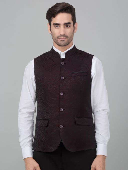 Cantabil Men Wine Woven Party Wear Waistcoat