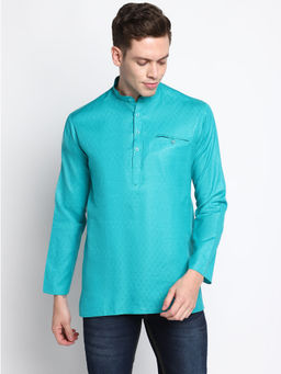 Devoiler - Men Self Design Turquoise Cotton Short Kurta