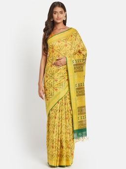 Fabindia - Yellow Hand Block Print Silk Saree without Blouse