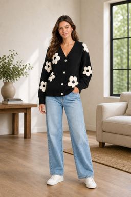 Cider - V Neck Graphic Floral Button Cardigan