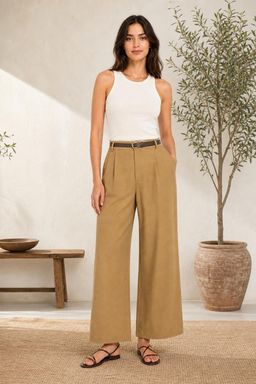 Cider - Tan Linen Blend Solid Wide Leg Pant with Belt (Set of 2)