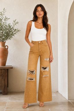 Cider - Khaki High Waist Ripped Straight Leg Jeans