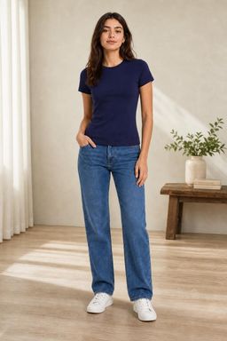 Cider - Blue Round Neckline Knit Short Sleeve Tee