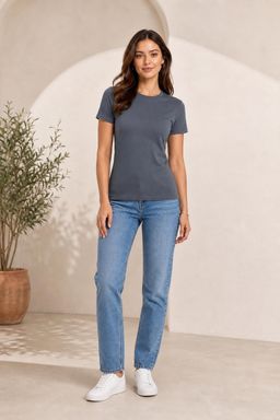 Cider - Grey Round Neckline Knit Short Sleeve Tee