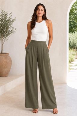 Cider - Green Elastic Waist Solid Pleated Wide Leg Trouser