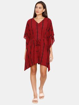 Zivame - Coucou Knee Length Slip on Printed Poncho with waist tie up - True Red
