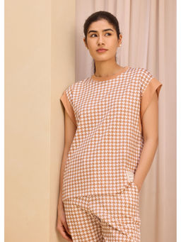 Alonge - Soft Houndstooth Boxy Muscle Oatmilk Brown T-Shirt