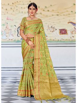 Sangam Prints - Green Zari Woven Work Traditional Tassel Saree with Unstitched Blouse