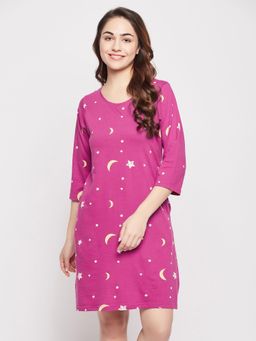 Clovia - Pretty Printed Short Night Dress - 100 Percent Cotton -Purple