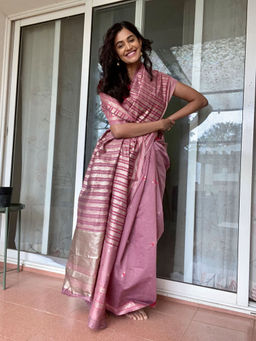 SAAKI - Heer Polka Zari Pink Saree with Unstitched Blouse