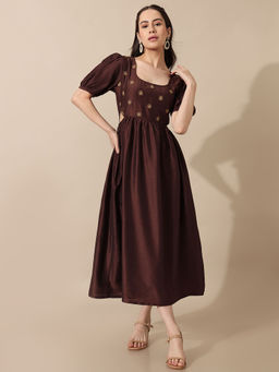 SAAKI - Florette Embroidered Brown Cutout Dress