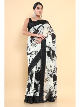 Soch - Women White Georgette Printed Saree with Unstitched Blouse