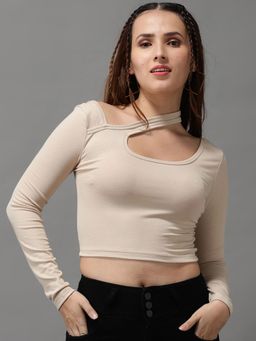 SHOWOFF - Womens Round Neck Beige Fitted Crop Top