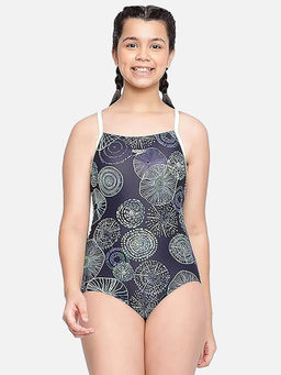 Speedo - Girls Digital Print Muscleback One Piece V-Cut Swimsuit True Navy and Aquarium
