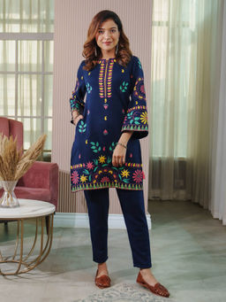 Rustorange - Navy Blue Acrylic Floral Kurta