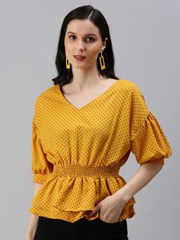 SHOWOFF - Women's Polka Dots Peplum Mustard V-neck Top