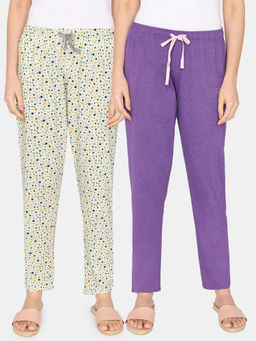 Zivame - Rosaline Mystic Town Knit Cotton Pyjama - Antique White Pcaso Lily (Pack of 2)