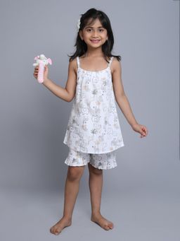 Little Clothings - Girls Printed Strap Dress with Printed Shorts White (Set of 2)