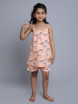 Little Clothings - Girls Printed Strap Dress with Printed Shorts Peach (Set of 2)