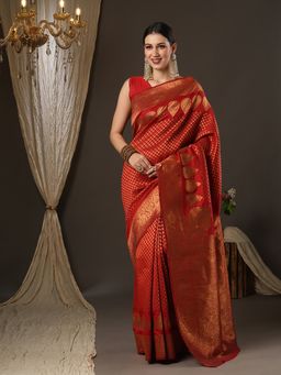 Akhilam - Womens Silk Blend Red Woven Design Designer Saree with Unstitched Blouse