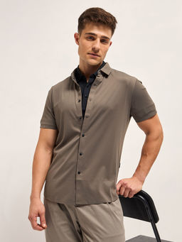 The Bear House - Taupe Solid Slim Fit Water Repellent Performance Shirt