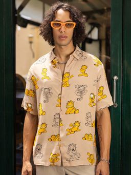Bewakoof - Official Garfield Men's Brown All Over Printed Oversized Shirt