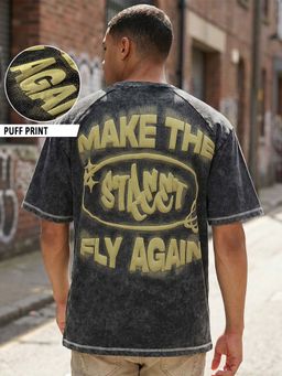 Bewakoof - Men Black Typography Oversized Acid Wash T-Shirt