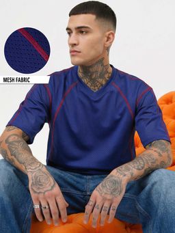 Bewakoof - Blue Textured Oversized T-Shirt