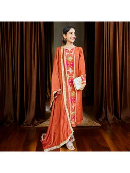 Phulkari Forever - Rust Pure Silk Hand Embroidered Phulkari Kurta with Pant (Set of 2)
