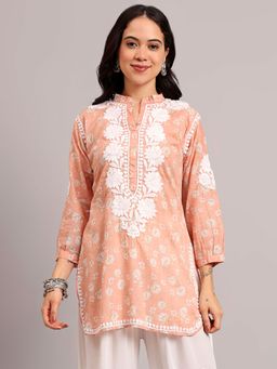 The Chikan Label - Peach Authentic Chikankari Short Kurti