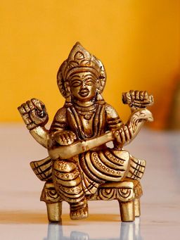 eCraftIndia - Goddess Saraswati on Chowki Handcrafted Brass Figurine