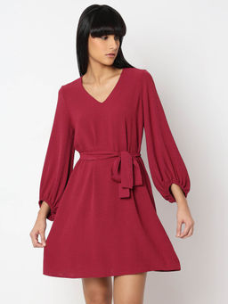 VERO MODA - Red V-Neck Fit and Flare Dress with Belt (Set of 2)