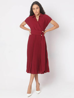 VERO MODA - Red Pleated Midi Dress with Belt (Set of 2)