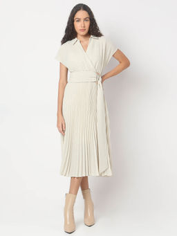 VERO MODA - Ecru Pleated Midi Dress with Belt (Set of 2)