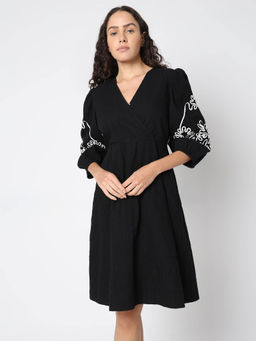 VERO MODA - Black Three-Fourth Sleeves Cotton Dress