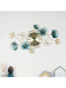HomeTown - Rhythm Metal and Aluminum Gingko Wall Clock in Seagreen Gold Colour
