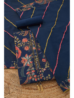 Soch - Navy Blue Cotton Botanical Unstitched Top and Bottom with Dupatta