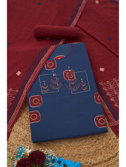 Soch - Indigo Cotton Printed Unstitched Top and Bottom with Dupatta