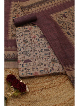Soch - Beige Tussar Warli Unstitched Top and Bottom with Dupatta