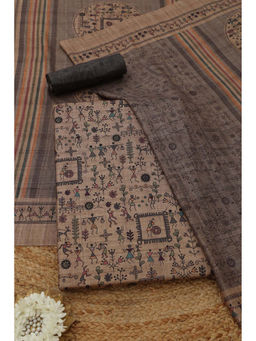 Soch - Beige Tussar Warli Unstitched Top and Bottom with Dupatta
