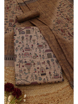 Soch - Beige Tussar Warli Unstitched Top and Bottom with Dupatta