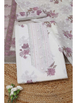 Soch - Off White Cotton Botanical Unstitched Top and Bottom with Dupatta