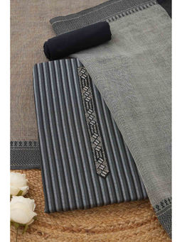 Soch - Black Cotton Striped Unstitched Top and Bottom with Dupatta